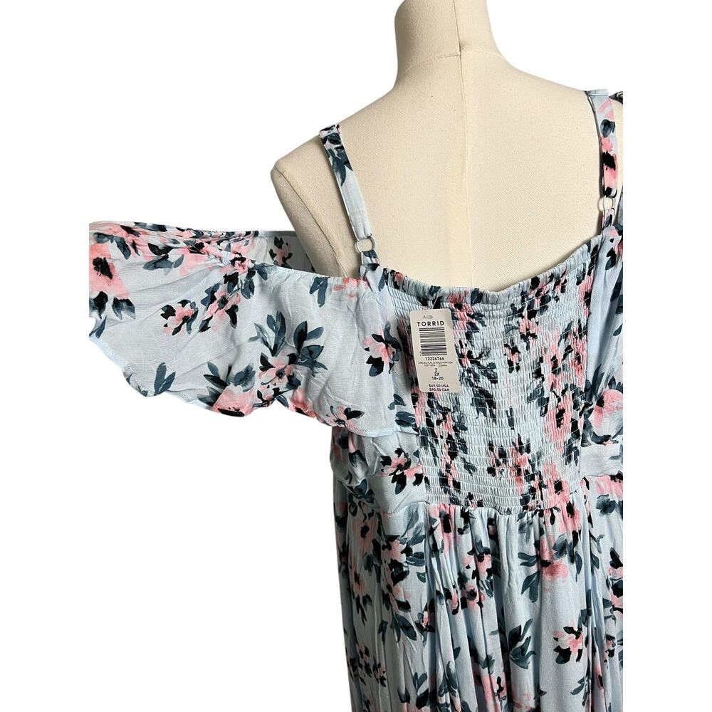 Torrid Floral Sundress Womens 2X Plus Blue Cold Shoulder Ruffle Midi Boho Summer - Picture 9 of 12